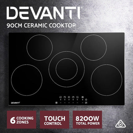 Devanti 90cm Ceramic Cooktop Electric Cook Top 5 Burner Stove Hob Touch Control 6-Zones - Madari