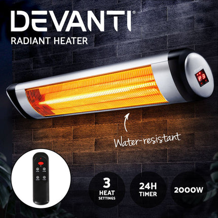 Devanti Electric Radiant Heater Patio Strip Heaters Infrared Indoor Outdoor Patio Remote Control 2000W - Madari