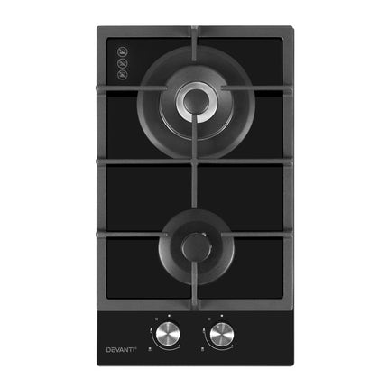 Devanti Gas Cooktop 30cm Gas Stove Cooker 2 Burner Cook Top Konbs NG LPG Black - Madari