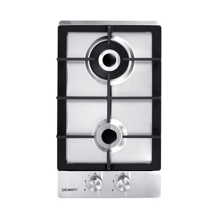 Devanti Gas Cooktop 30cm Gas Stove Cooker 2 Burner Cook Top Konbs NG LPG Steel - Madari