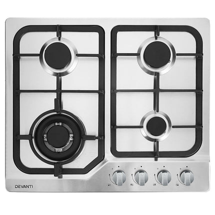 Devanti Gas Cooktop 60cm Gas Stove Cooker 4 Burner Cook Top Konbs NG LPG Steel - Madari