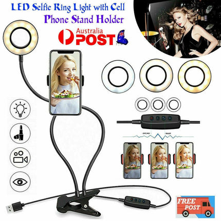LED Selfie Ring Light with Cell Phone Holder Flexible Stand Live Stream Lamp AU - Madari